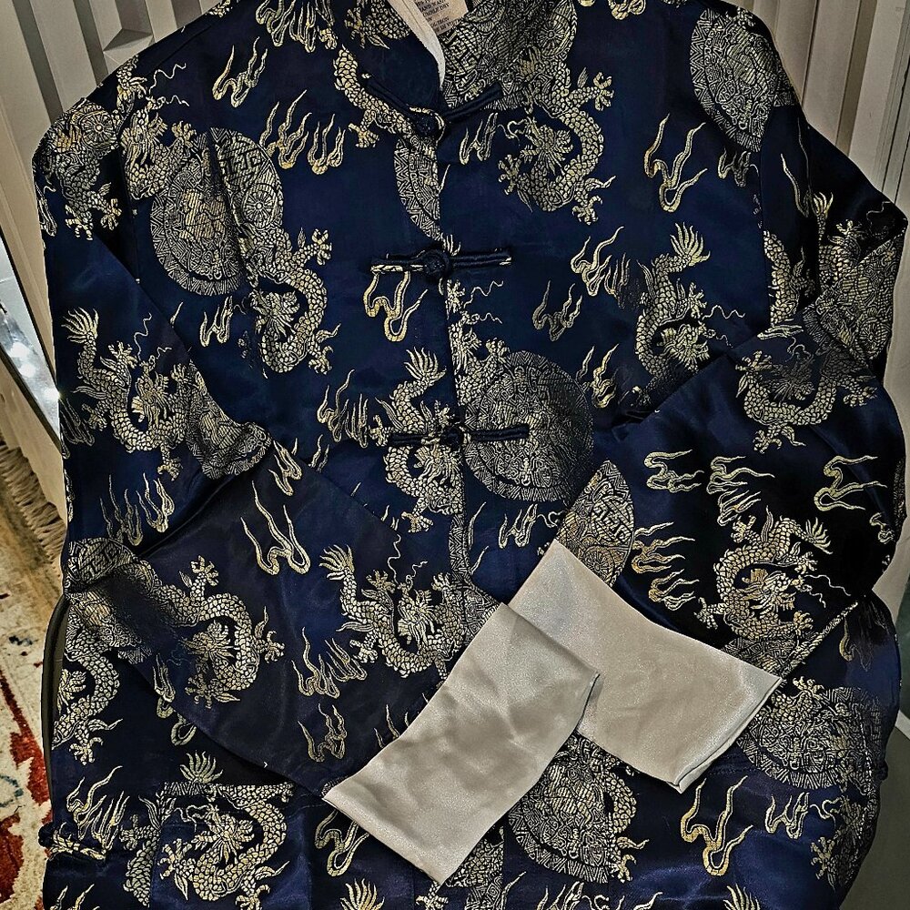 2-Piece Royal Blue & Gold Dragon Brocade Set – Kimono & Pants